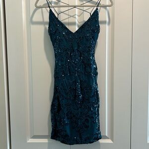 Teal mini beaded dress backless/form fitting Homecoming Dress